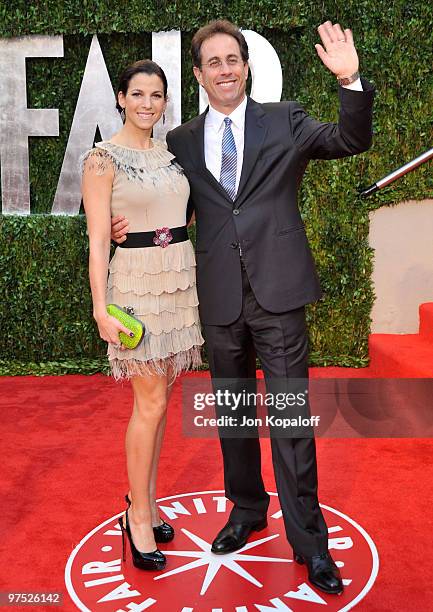 Jessica Seinfeld and actor Jerry Seinfeld arrive at the 2010 Vanity Fair Oscar Party held at Sunset Tower on March 7, 2010 in West Hollywood,...