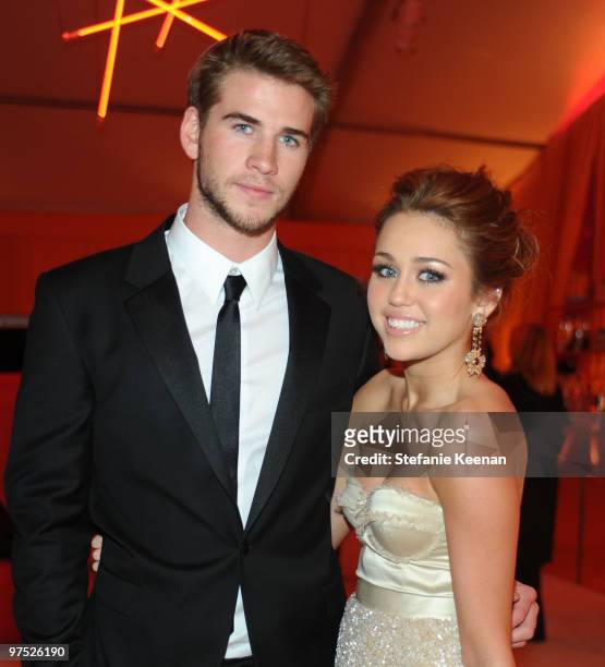 Actor Liam Hemsworth and Singer/Actress Miley Cyrus attend the 18th Annual Elton John AIDS Foundation Oscar Party at Pacific Design Center on March...