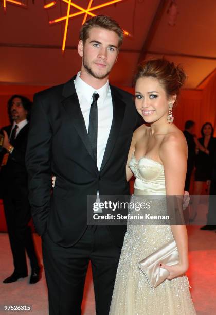 Actor Liam Hemsworth and Singer/Actress Miley Cyrus attend the 18th Annual Elton John AIDS Foundation Oscar Party at Pacific Design Center on March...