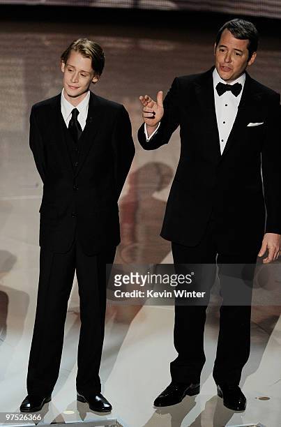 Actors Macaulay Culkin and Matthew Broderick present tribute to late director John Hughes onstage during the 82nd Annual Academy Awards held at Kodak...