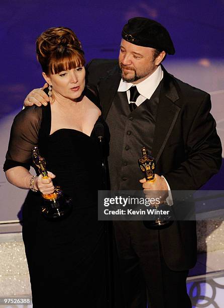 Makeup artists Mindy Hall, and Barney Burman accept the Best Makeup award for "Star Trek" onstage during the 82nd Annual Academy Awards held at Kodak...