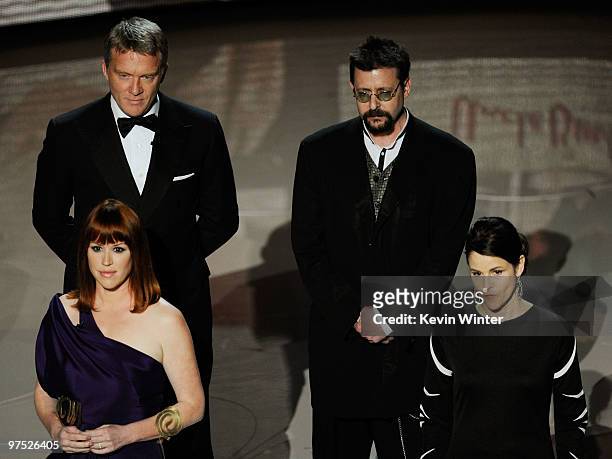 Actors Molly Ringwald, Anthony Michael Hall, Judd Nelson and Ally Sheedy present tribute to late director John Hughes onstage during the 82nd Annual...