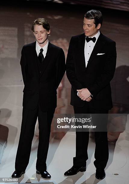 Actors Macaulay Culkin and Matthew Broderick present tribute to late director John Hughes onstage during the 82nd Annual Academy Awards held at Kodak...