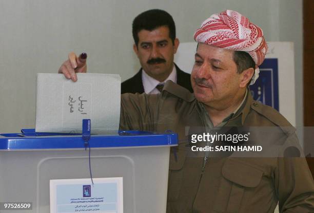 Kurdish regional president Massud Barzani casts his vote at a polling station in the northern Iraqi Kurdish city of Arbil on March 7, 2010. Iraqis...
