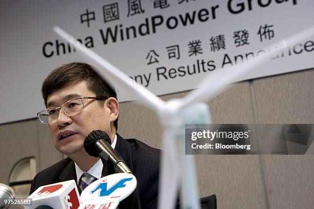Liu Shunxing, chairman and chief executive officer of China WindPower Group Ltd., speaks at the company's 2009 annual results news conference in Hong...