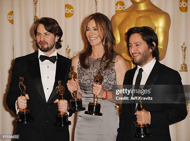 Writer Mark Boal, director Kathryn Bigelow and producer Greg Shapiro pose in the press room at the 82nd Annual Academy Awards held at the Kodak...