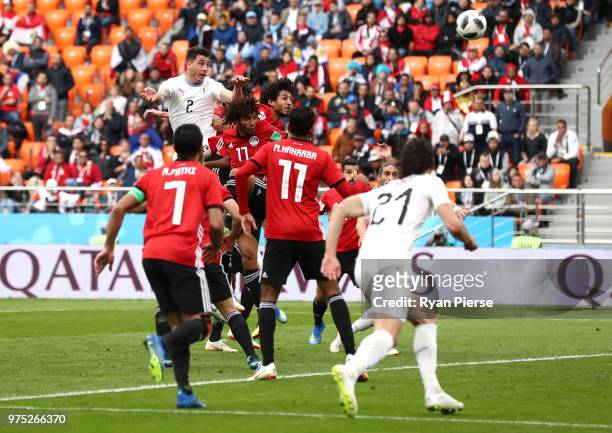 Jose Gimenez of Uruguay scores his team's first goal during the 2018 FIFA World Cup Russia group A match between Egypt and Uruguay at Ekaterinburg...