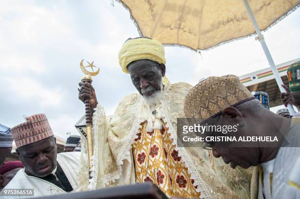 Chief Imam of Ghana, Osman Nuhu Sharubutu gestures during the prayer for the celebration of the Eid al-Fitr, on June 15, 2018 at the Independence...