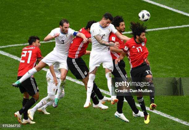 Jose Gimenez of Uruguay scores his team's first goal during the 2018 FIFA World Cup Russia group A match between Egypt and Uruguay at Ekaterinburg...