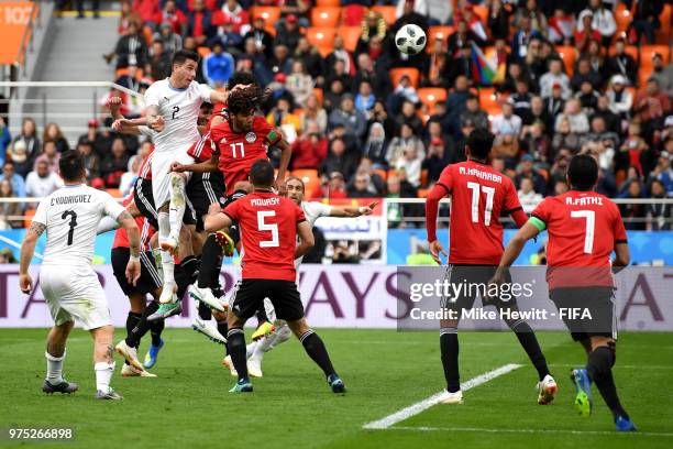 Jose Gimenez of Uruguay scores his team's first goal during the 2018 FIFA World Cup Russia group A match between Egypt and Uruguay at Ekaterinburg...