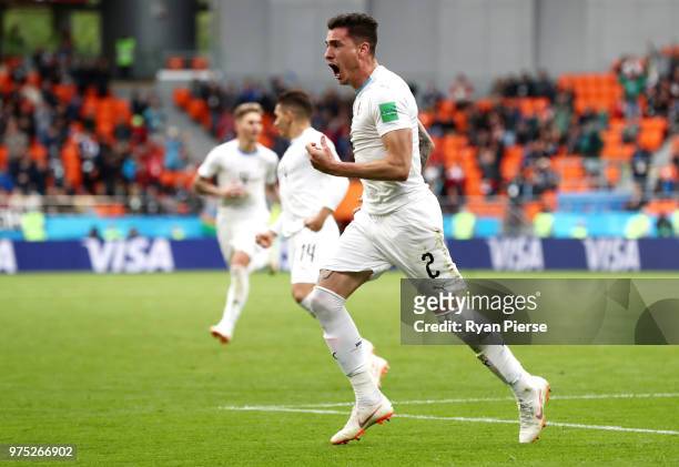 Jose Gimenez of Uruguay celebrates after scoring his team's first goal during the 2018 FIFA World Cup Russia group A match between Egypt and Uruguay...