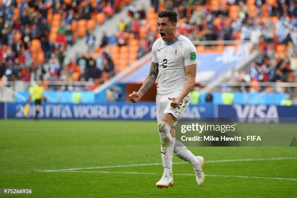 Jose Gimenez of Uruguay celebrates after scoring his team's first goal during the 2018 FIFA World Cup Russia group A match between Egypt and Uruguay...