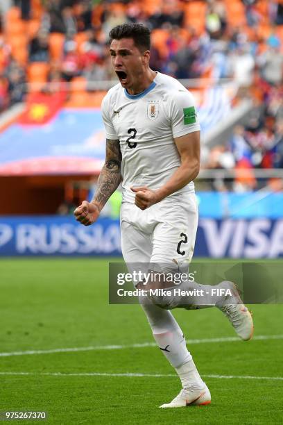 Jose Gimenez of Uruguay celebrates after scoring his team's first goal during the 2018 FIFA World Cup Russia group A match between Egypt and Uruguay...