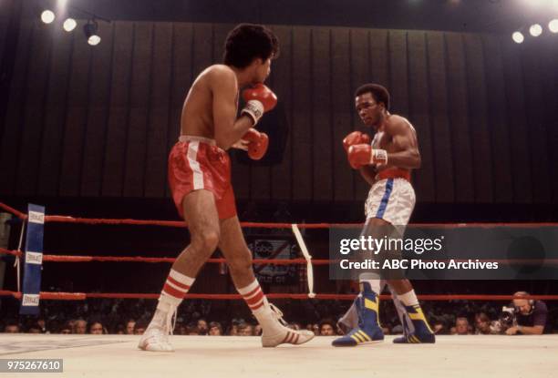 Sugar Ray Leonard, Luis Vega boxing at the Civic Center in Baltimore, Maryland.