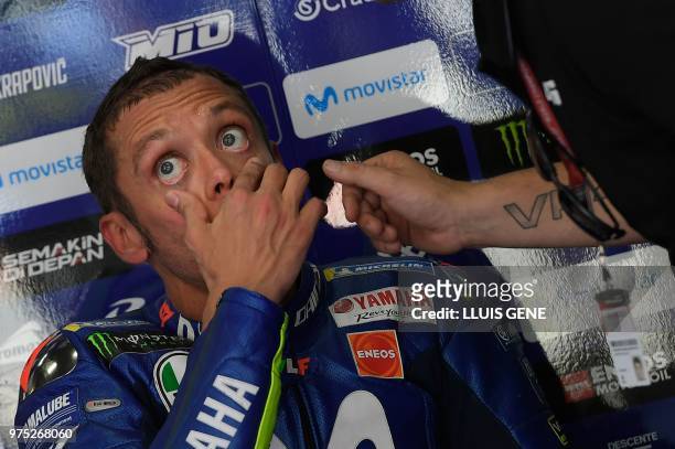 Movistar Yamaha MotoGP's Italian rider Valentino Rossi gestures during the Catalunya MotoGP Grand Prix second free practice session at the Catalunya...
