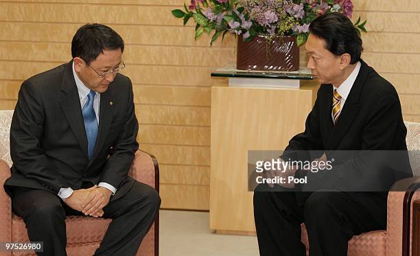 Toyota Motor Corp. President Akio Toyoda talks with Japanese Prime Minister Yukio Hatoyama at Hatoyama's official residence, on March 8, 2010 in...