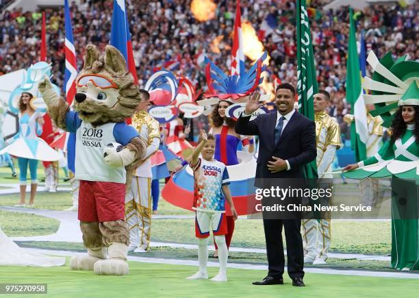 Ronaldo of Brazil performs during the Opening Ceremony during the 2018 FIFA World Cup Russia group A match between Russia and Saudi Arabia at...