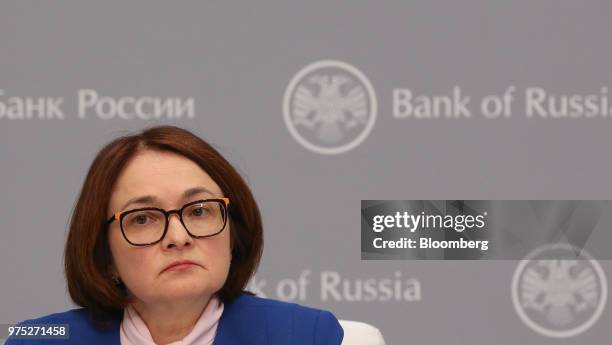 Elvira Nabiullina, governor of Russia's central bank, pauses during a news conference following an interest rate announcement in Moscow, Russia, on...