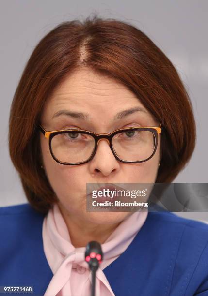 Elvira Nabiullina, governor of Russia's central bank, speaks during a news conference following an interest rate announcement in Moscow, Russia, on...
