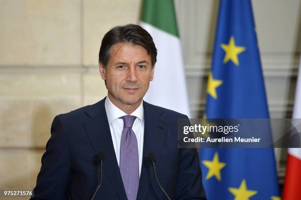 French President Emmanuel Macron receives Italian Prime Minister, Giuseppe Conte for a meeting at Elysee Palace on June 15, 2018 in Paris France....