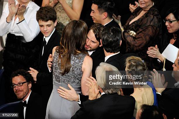 Director Kathryn Bigelow, winner of Best Director award for "The Hurt Locker," hugs producer Greg Shapiro during the 82nd Annual Academy Awards held...