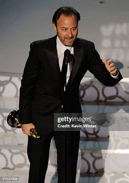 Producer Fisher Stevens accepts Best Documentary Feature award for "The Cove" onstage during the 82nd Annual Academy Awards held at Kodak Theatre on...