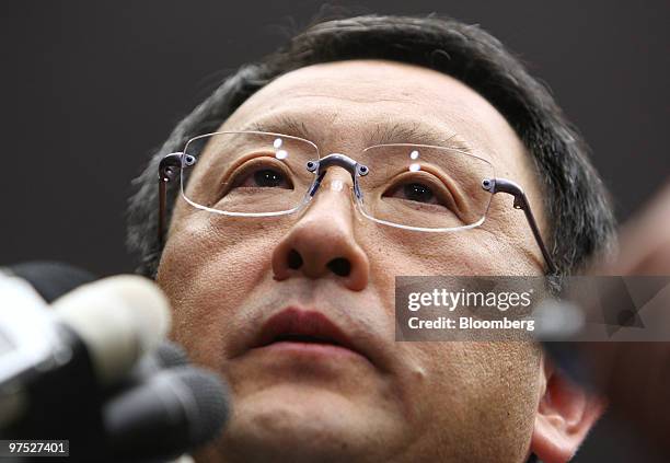Akio Toyoda, president of Toyota Motor Corp., speaks to the media after meeting with Seiji Maehara, Japan's minister for land and transport, unseen,...
