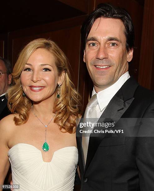 Actors Jennifer Westfeldt and Jon Hamm attend the 2010 Vanity Fair Oscar Party hosted by Graydon Carter at the Sunset Tower Hotel on March 7, 2010 in...