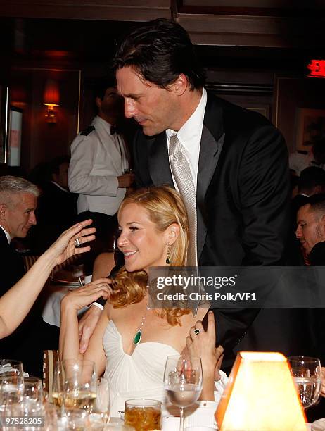 Actors Jon Hamm and Jennifer Westfeldt attend the 2010 Vanity Fair Oscar Party hosted by Graydon Carter at the Sunset Tower Hotel on March 7, 2010 in...