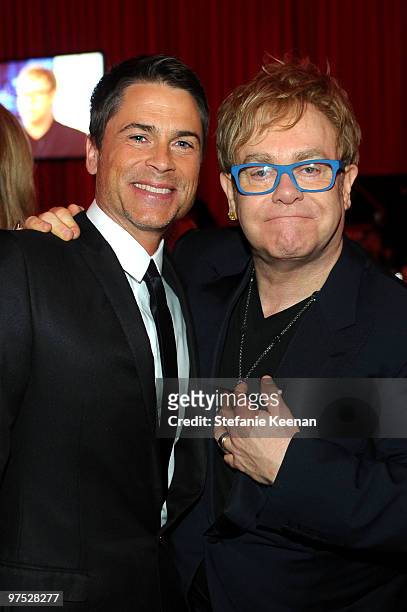 Actor Rob Lowe and Musician Sir Elton John, wearing Chopard, attend the 18th Annual Elton John AIDS Foundation Oscar Party at Pacific Design Center...