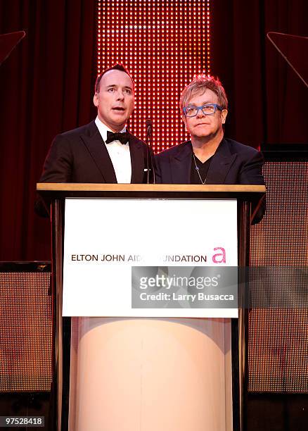 David Furnish and musician Sir Elton John attend the 18th Annual Elton John AIDS Foundation Academy Award Party at Pacific Design Center on March 7,...