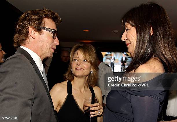Actors Simon Baker, Jodie Foster, and Anjelica Huston attend the 2010 Vanity Fair Oscar Party hosted by Graydon Carter at the Sunset Tower Hotel on...