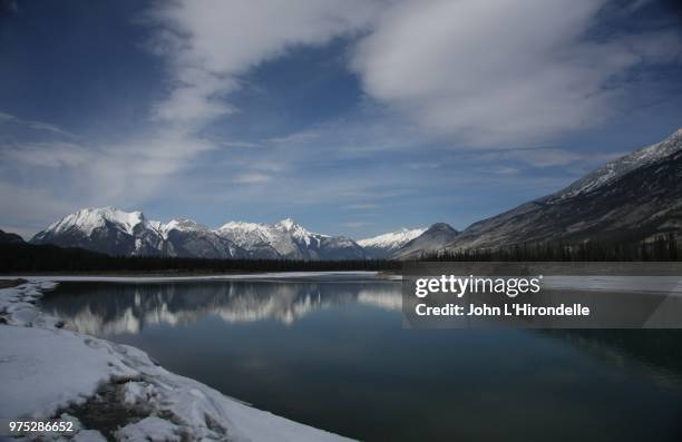 the athabasca river on april 1st - athabasca river stock pictures, royalty-free photos & images