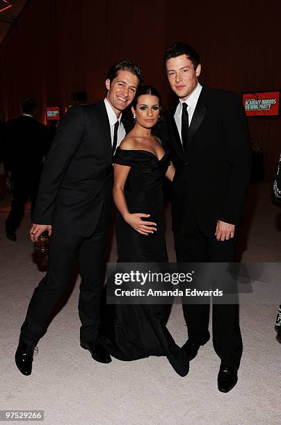 Actors Matthew Morrison, Lea Michele and Cory Monteith attend the Elton John AIDS Foundation Oscar Viewing Party at the Pacific Design Center on...