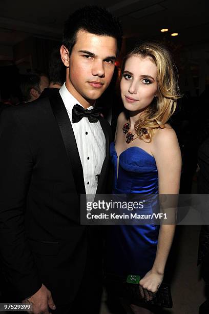 Taylor Lautner and Emma Roberts attends the 2010 Vanity Fair Oscar Party hosted by Graydon Carter at the Sunset Tower Hotel on March 7, 2010 in West...