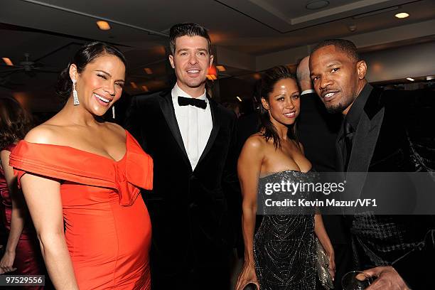 Paula Patton, Robin Thicke and Jamie Foxx attends the 2010 Vanity Fair Oscar Party hosted by Graydon Carter at the Sunset Tower Hotel on March 7,...