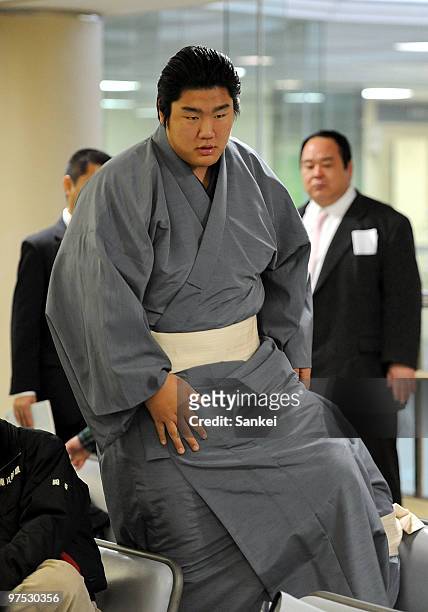 Ryoya Tatsu, 193 centimeters tall and 145 kirograms at the age of fifteen, is seen after the medical checks for Grand Sumo new apprentices at Osaka...
