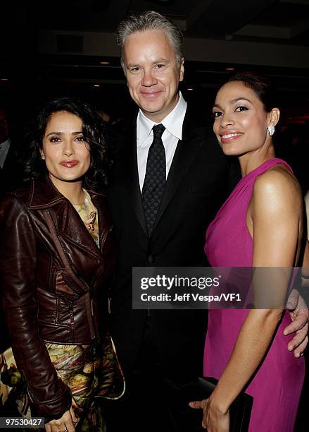 Actors Salma Hayek, Tim Robbins and Rosario Dawson attend the 2010 Vanity Fair Oscar Party hosted by Graydon Carter at the Sunset Tower Hotel on...