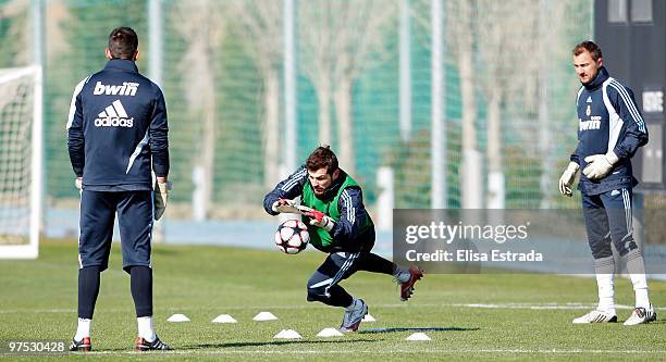 Iker Casillas and Jerzy Dudek of Real Madrid in action during a training session at Valdebebas on March 8, 2010 in Madrid, Spain.