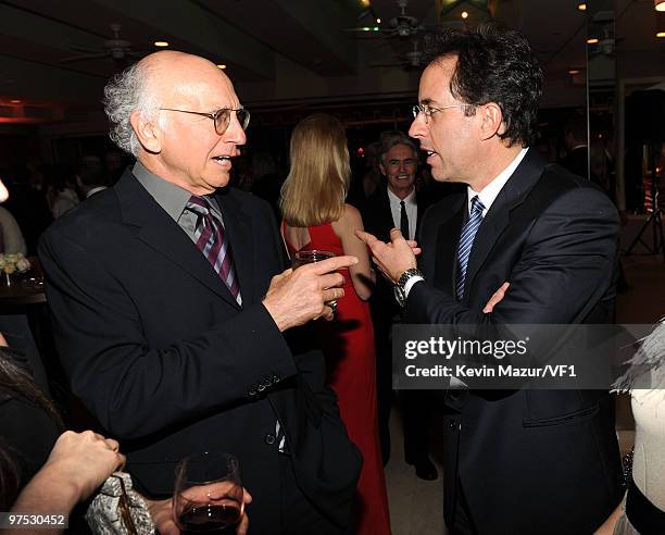 Actors Larry David and Jerry Seinfeld attend the 2010 Vanity Fair Oscar Party hosted by Graydon Carter at the Sunset Tower Hotel on March 7, 2010 in...