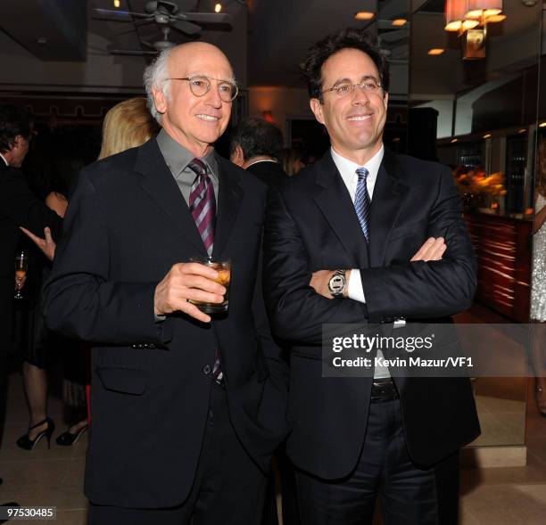 Actors Larry David and Jerry Seinfeld attend the 2010 Vanity Fair Oscar Party hosted by Graydon Carter at the Sunset Tower Hotel on March 7, 2010 in...