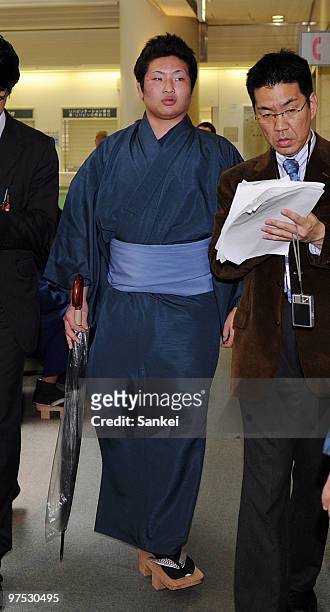 New apprentice Naomitsu Sugimoto is seen after the medical checks for Grand Sumo new apprentices at Osaka Police Hospital on March 6, 2010 in Osaka,...