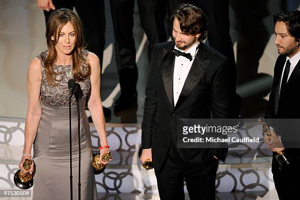 Director Kathryn Bigelow, writer Mark Boal, and producer Greg Shapiro onstage during the 82nd Annual Academy Awards held at Kodak Theatre on March 7,...