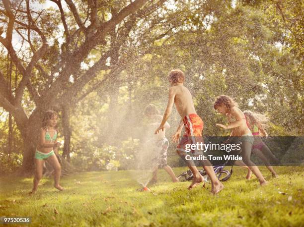 children running through sprinkler in garden - wonderlust2015 stock pictures, royalty-free photos & images