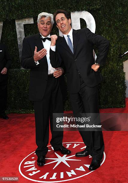 Personality Jay Leno and actor Jerry Seinfeld arrive at the 2010 Vanity Fair Oscar Party hosted by Graydon Carter held at Sunset Tower on March 7,...