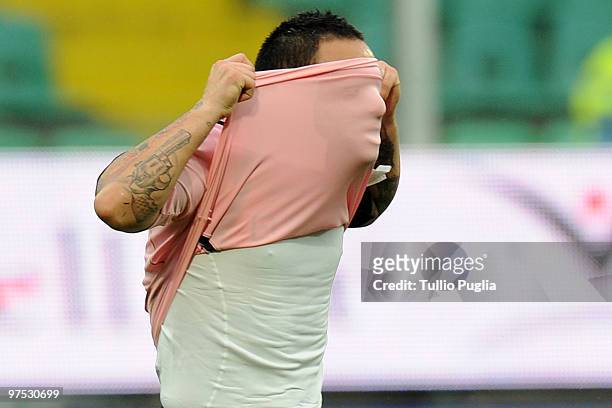 Fabrizio Miccoli of Palermo shows his dejection during the Serie A match between US Citta di Palermo and AS Livorno Calcio at Stadio Renzo Barbera on...