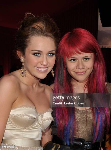 Musicians Miley Cyrus and Allison Iraheta attend the 18th Annual Elton John AIDS Foundation Oscar party held at Pacific Design Center on March 7,...