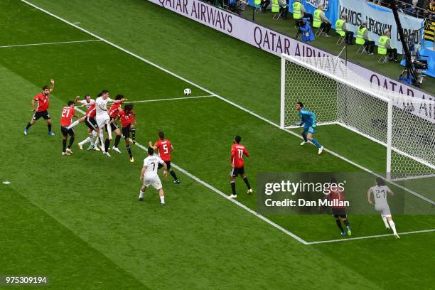 Jose Gimenez of Uruguay scores his team's first goal during the 2018 FIFA World Cup Russia group A match between Egypt and Uruguay at Ekaterinburg...