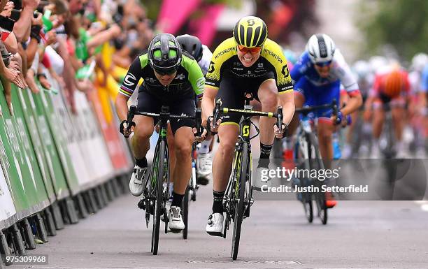 Sprint / Arrival / Sarah Roy of Australia and Team Mitchelton-Scott / Giorgia Bronzini of Italy and Team Cylance Pro Cycling / Marianne Vos of The...