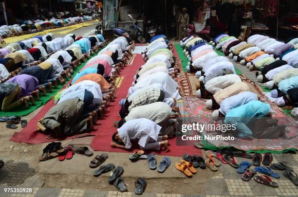 Indian muslims offer prayers on the last congregational friday of the holy month of Ramadan, following the Muslim Festival Eid al-Fitr ,the biggest...